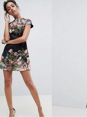 Black floral mini dress fit and flare ASOS 2